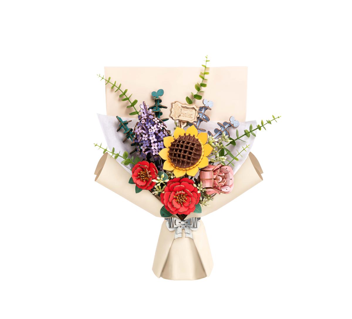 Rowood wooden sunflower bouquet arrangement with red roses and lavender stems wrapped in kraft paper