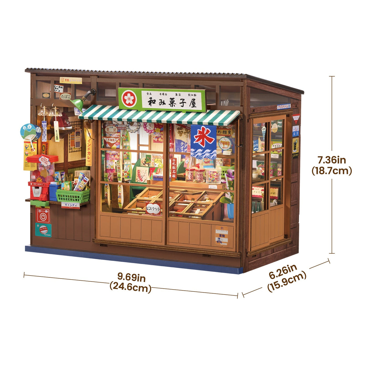Nostalgic Corner Shop dimension diagram labeling its height, width and depth