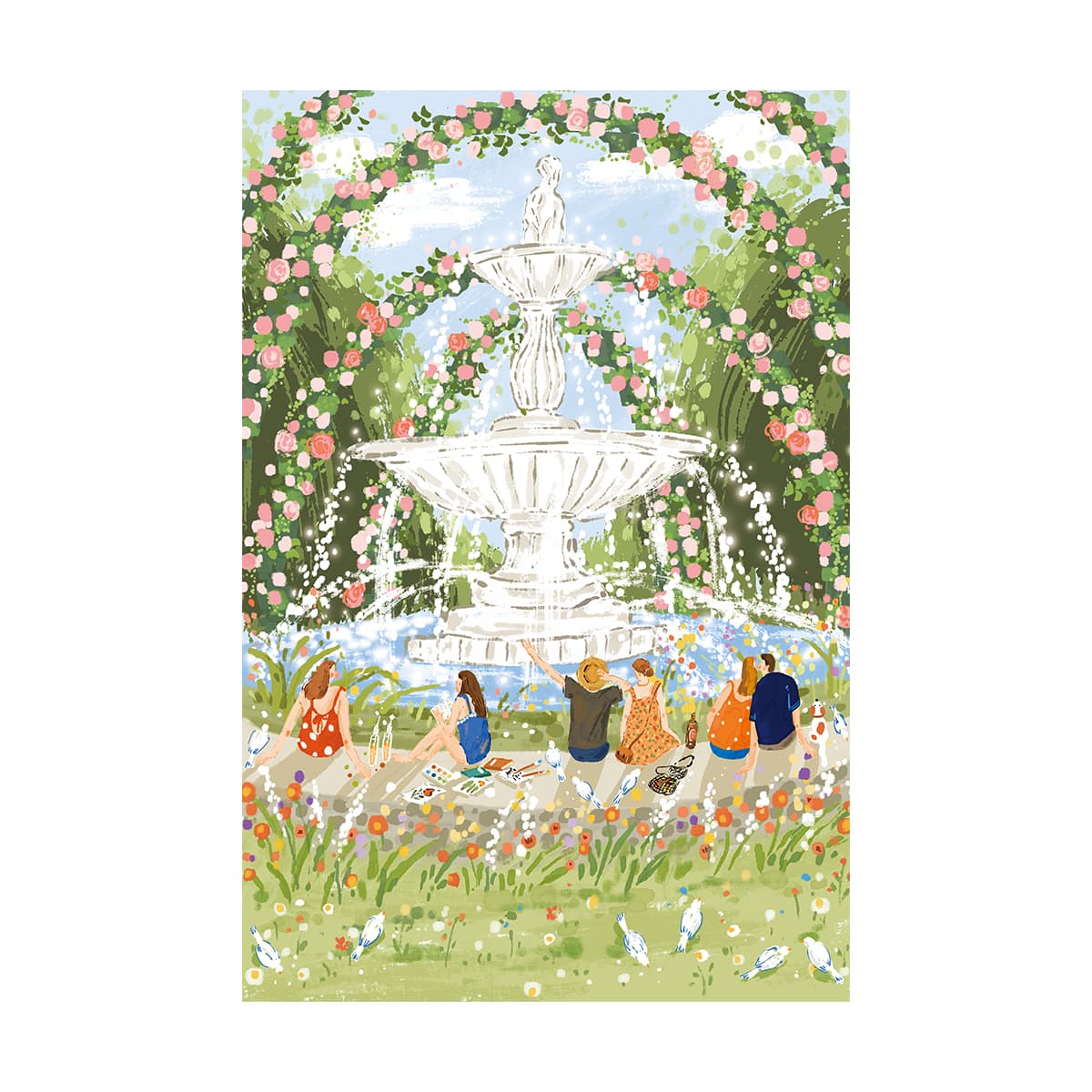 Rolife Afternoon Fountain PT001 hero puzzle artwork showing people gathered around a white fountain under a floral rose arch