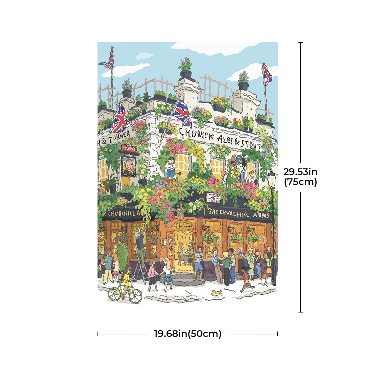 Rolife Pub in London PT007 puzzle dimension card showing completed artwork 19.68in wide by 29.53in tall with illustrated pub
