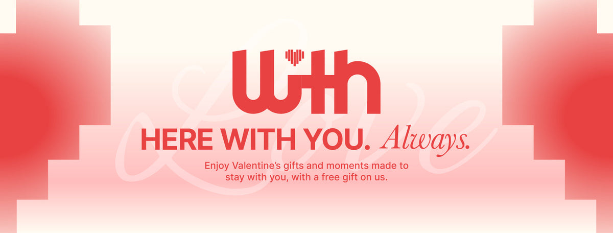 Robotime Valentine's Day HERE WITH YOU Always full-width desktop banner on deep pink and rose gradient background