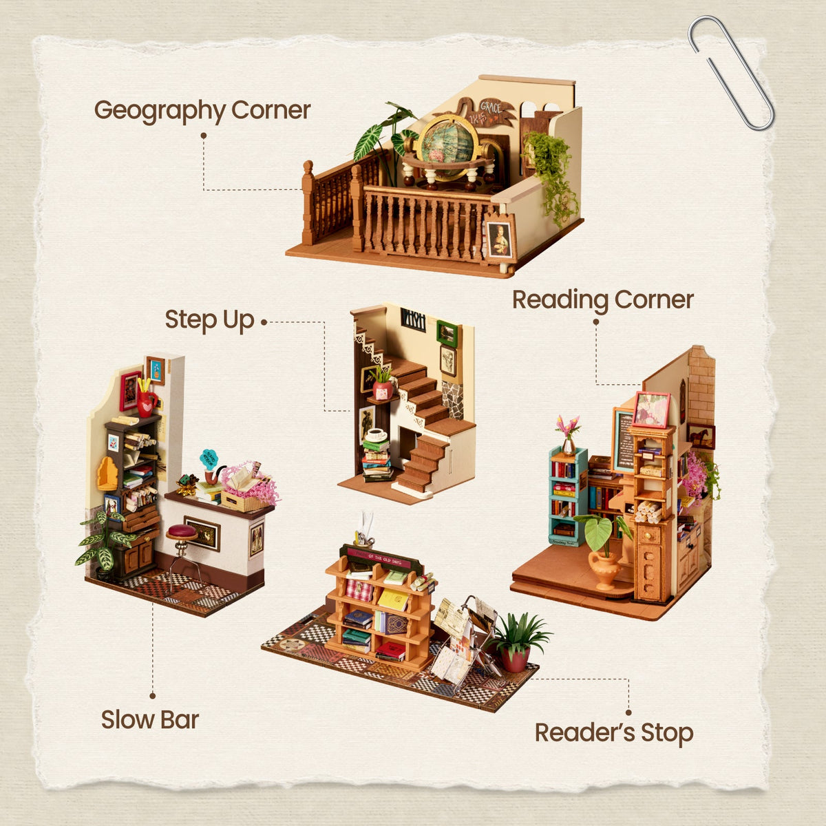 PageStory Books feature card labeling the geography corner, reading area, stairs, slow bar and shop