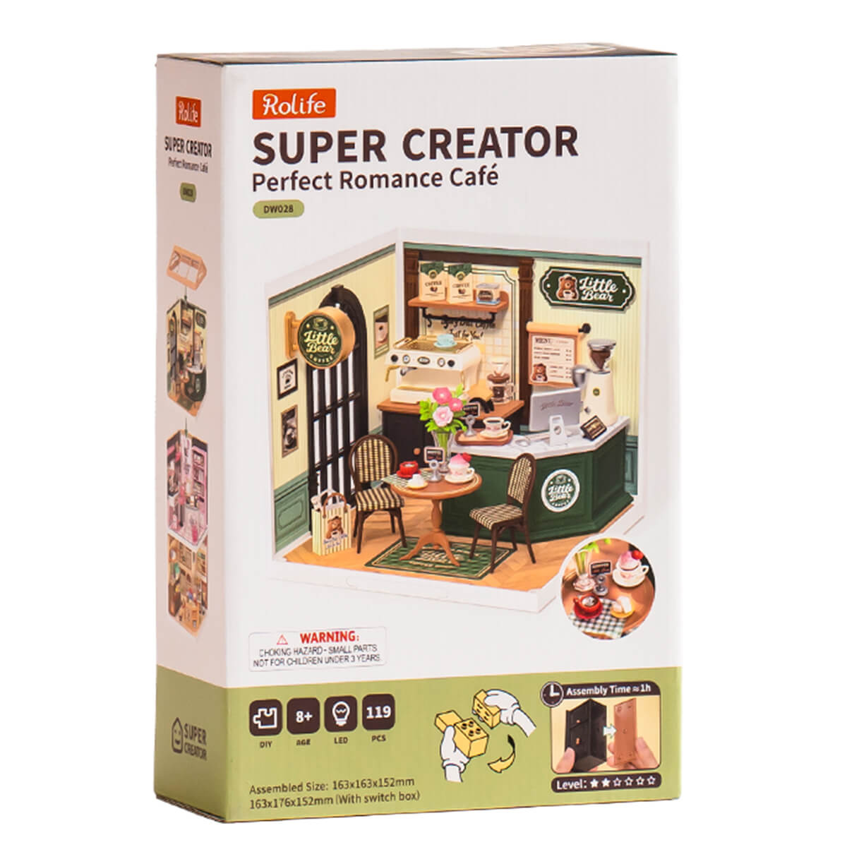 Rolife Perfect Romance Café Miniature House DW028 DIY miniature house kit, side view highlighting structure and scale