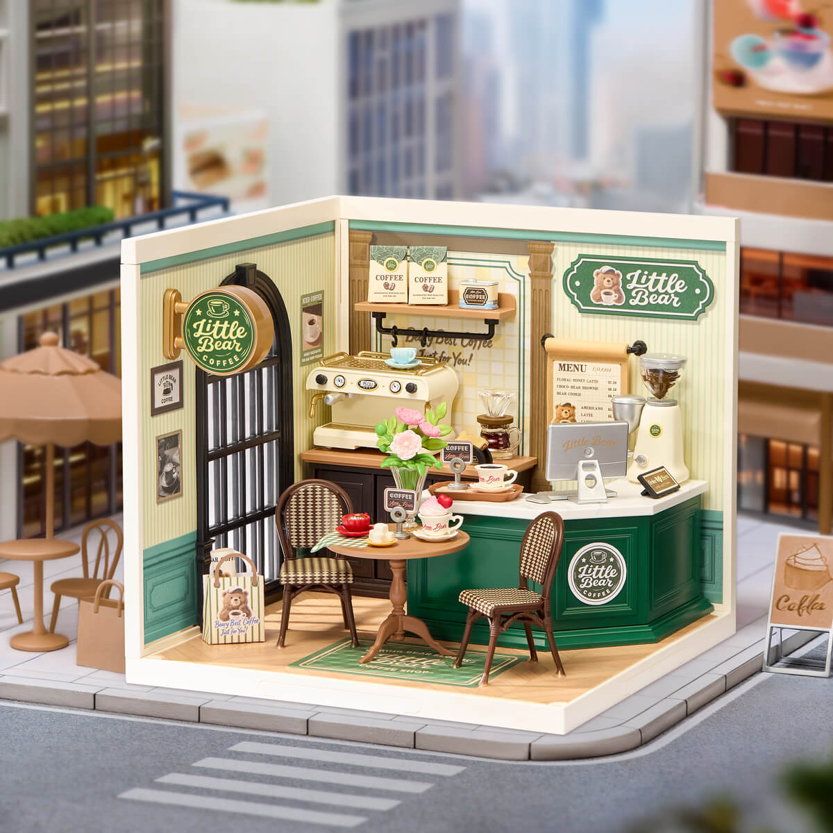 Rolife Perfect Romance Café Miniature House DW028 DIY miniature house kit, angled view showing detail and craftsmanship