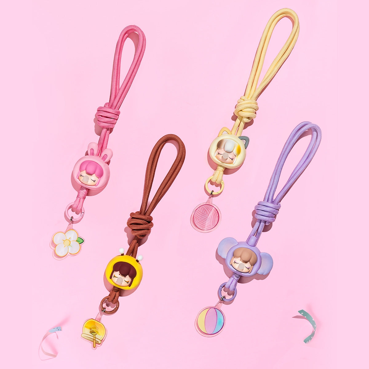 Rolife Baby Nanci Fluffy Party Phone Chain PZC05 cat character charm shown on a yellow braided cord as a phone wrist strap