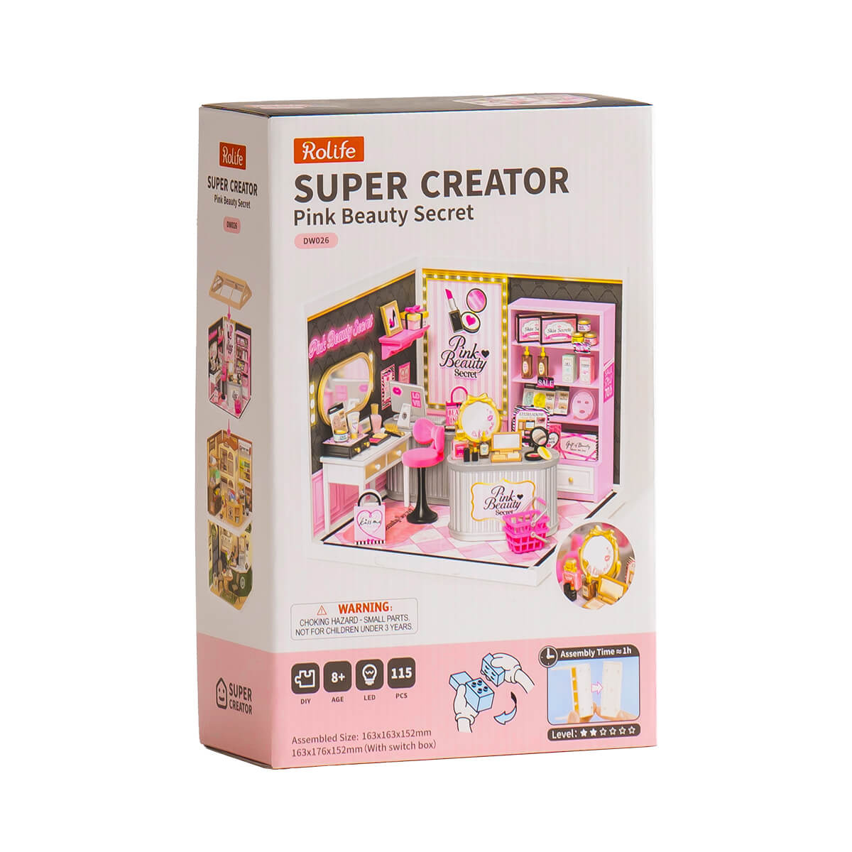 Rolife Pink Beauty Secret Miniature House DW026 DIY miniature house kit, styled lifestyle scene with model assembled