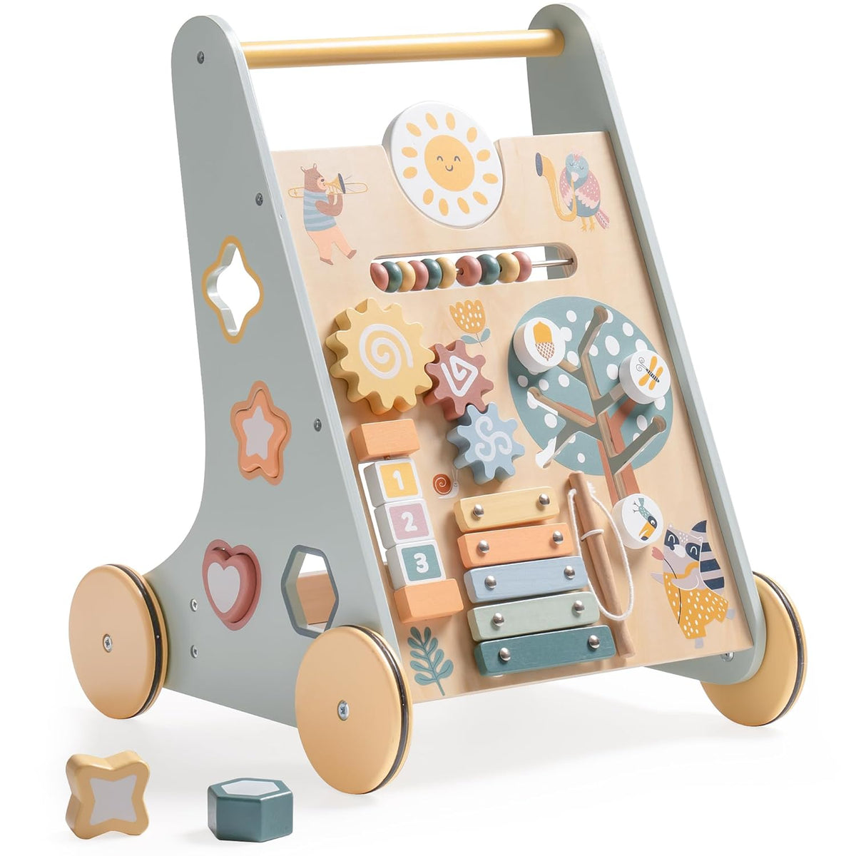 ROBUD wooden toy placed in a bright home interior setting beside decorative plants and natural light
