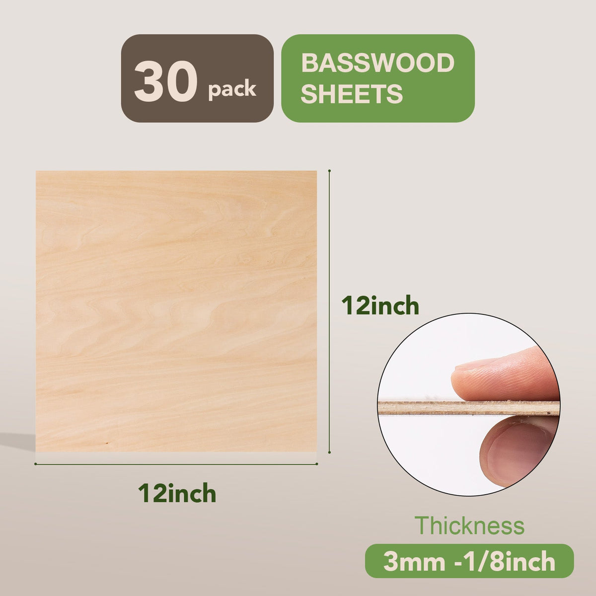 Robotime basswood sheets 30-pack dimensions infographic showing a single 12x12 inch panel with measurements annotated and a close-up of the 3mm thick cross-section.