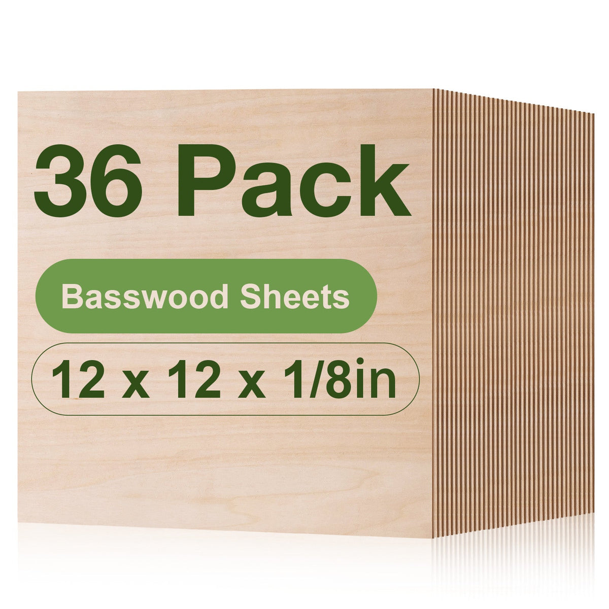 Robotime basswood sheets 30-pack of 12x12 inch square panels stacked together with bold green pack-count labeling and smooth natural wood grain on the front.