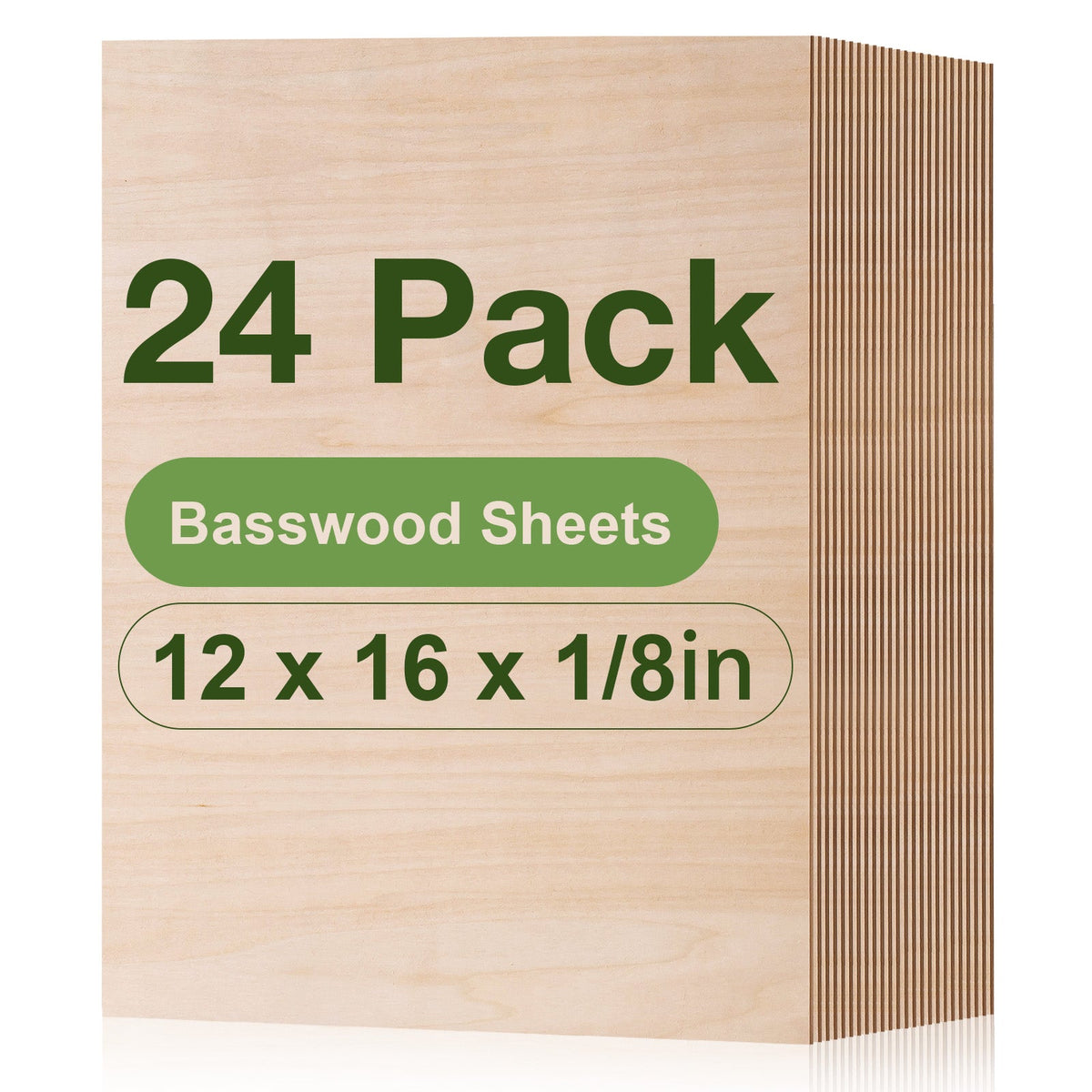 Robotime basswood sheets 36-pack of 12x12 inch square panels shown stacked with visible wood grain and bold green text labeling pack count and dimensions.