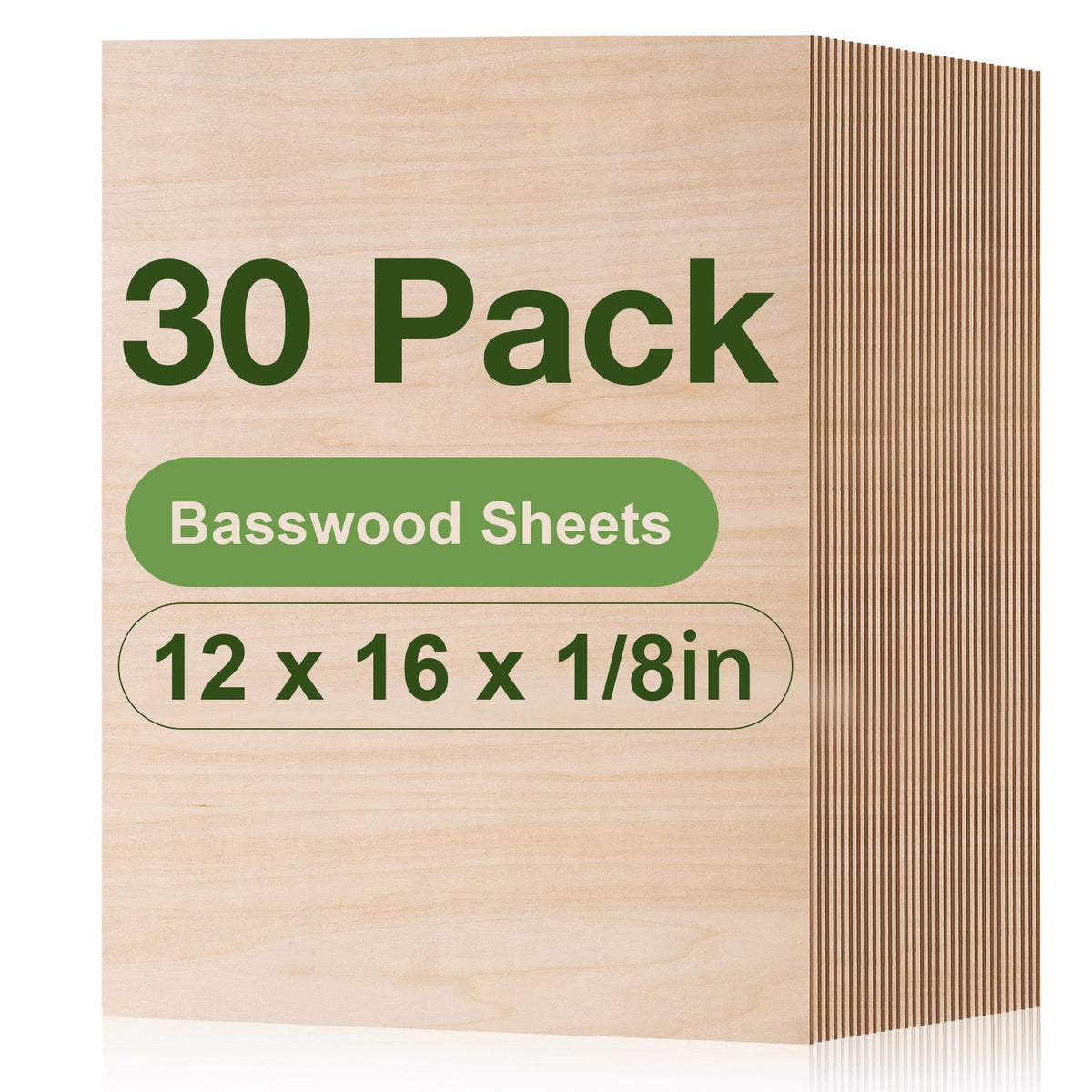 Robotime basswood plywood sheets 24-pack with 12x16 inch dimensions shown in a stacked bundle, featuring a close-up inset of a finger pressing the 3mm thick edge.