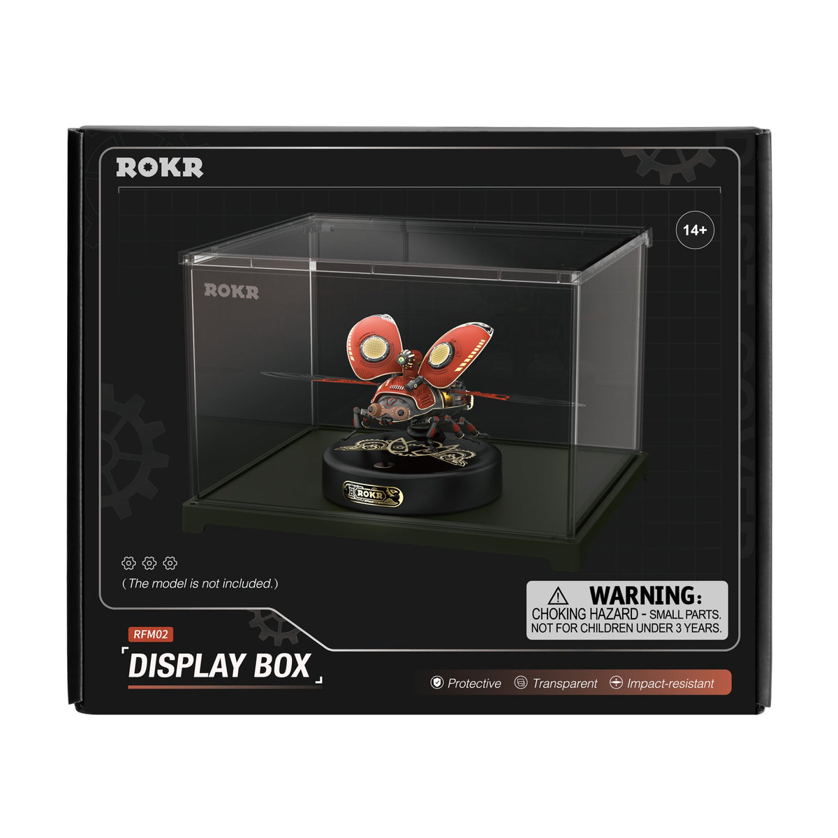 ROKR Display Box RFM02 retail box showing acrylic case containing a mechanical age model on black background with warning label