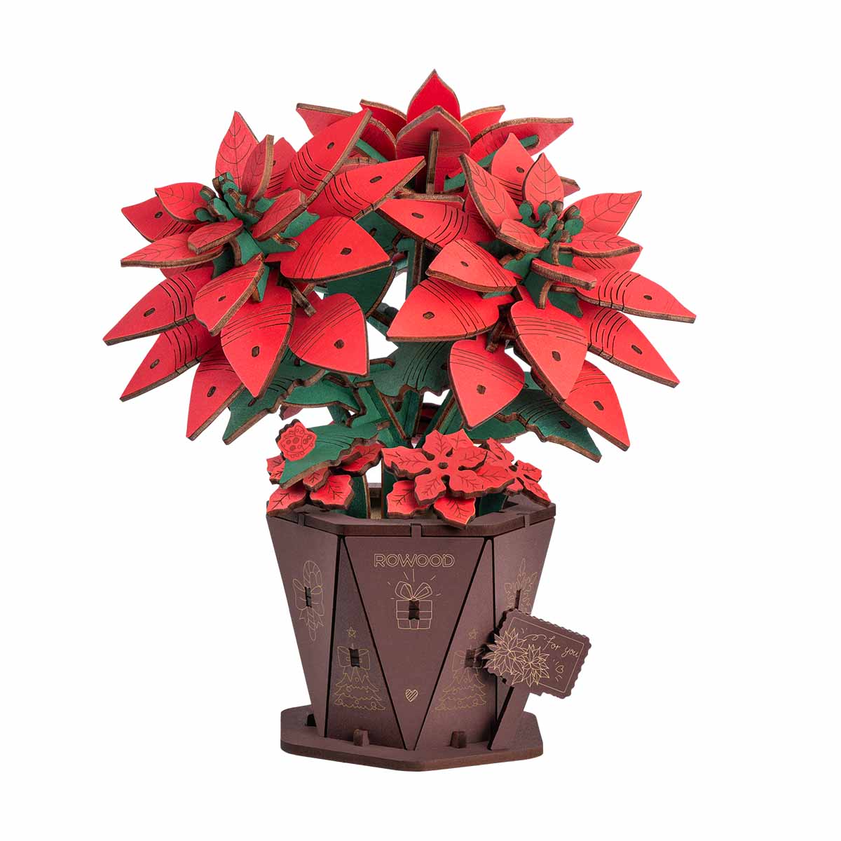 Rowood Poinsettia Flower Bouquet 3D Wooden Puzzle TF001 3D wooden flower puzzle, product front view on neutral background