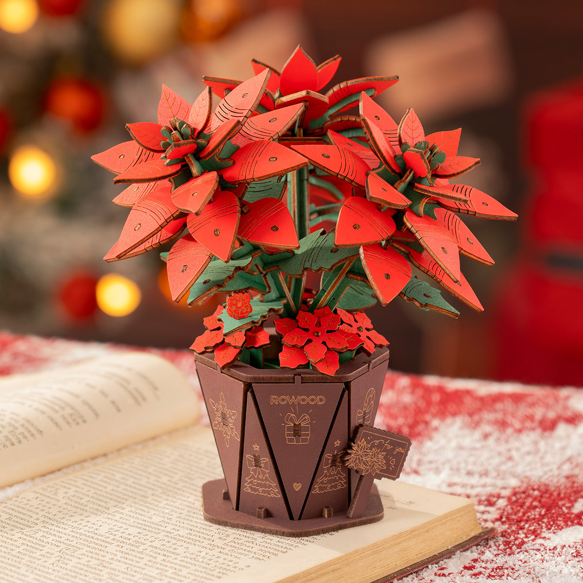 Rowood Poinsettia Flower Bouquet 3D Wooden Puzzle 3D wooden flower puzzle, close-up of interior components and accessories