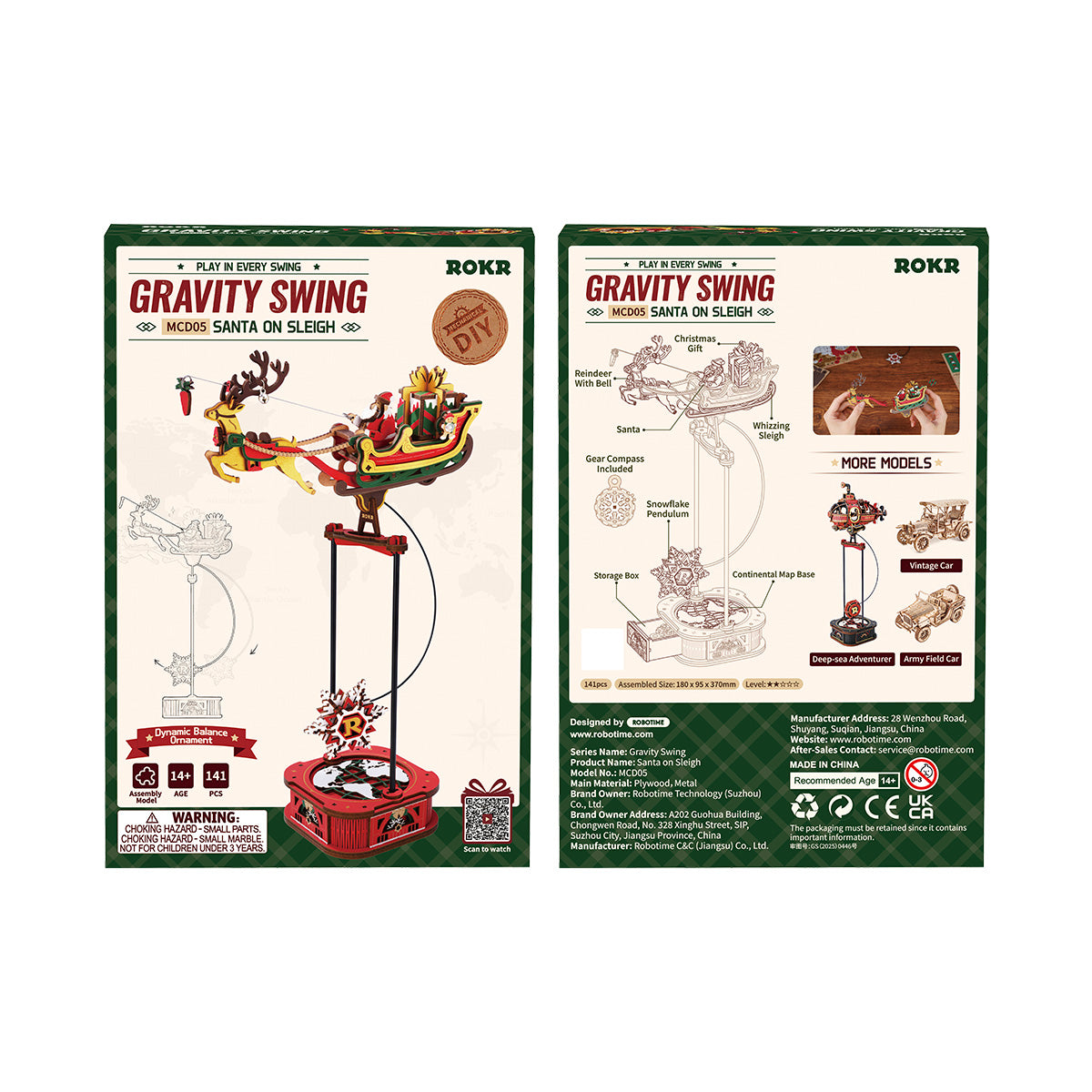 ROKR Santa on Sleigh Pendulum Balance Toy 3D Puzzle MCD05 3D wooden puzzle model, parts and pieces laid out before assembly