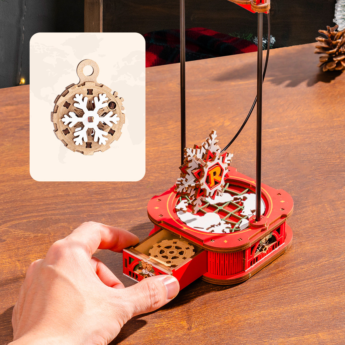 ROKR Santa on Sleigh Pendulum Balance Toy 3D Puzzle MCD05 3D wooden puzzle model, detail of decorative elements and finish