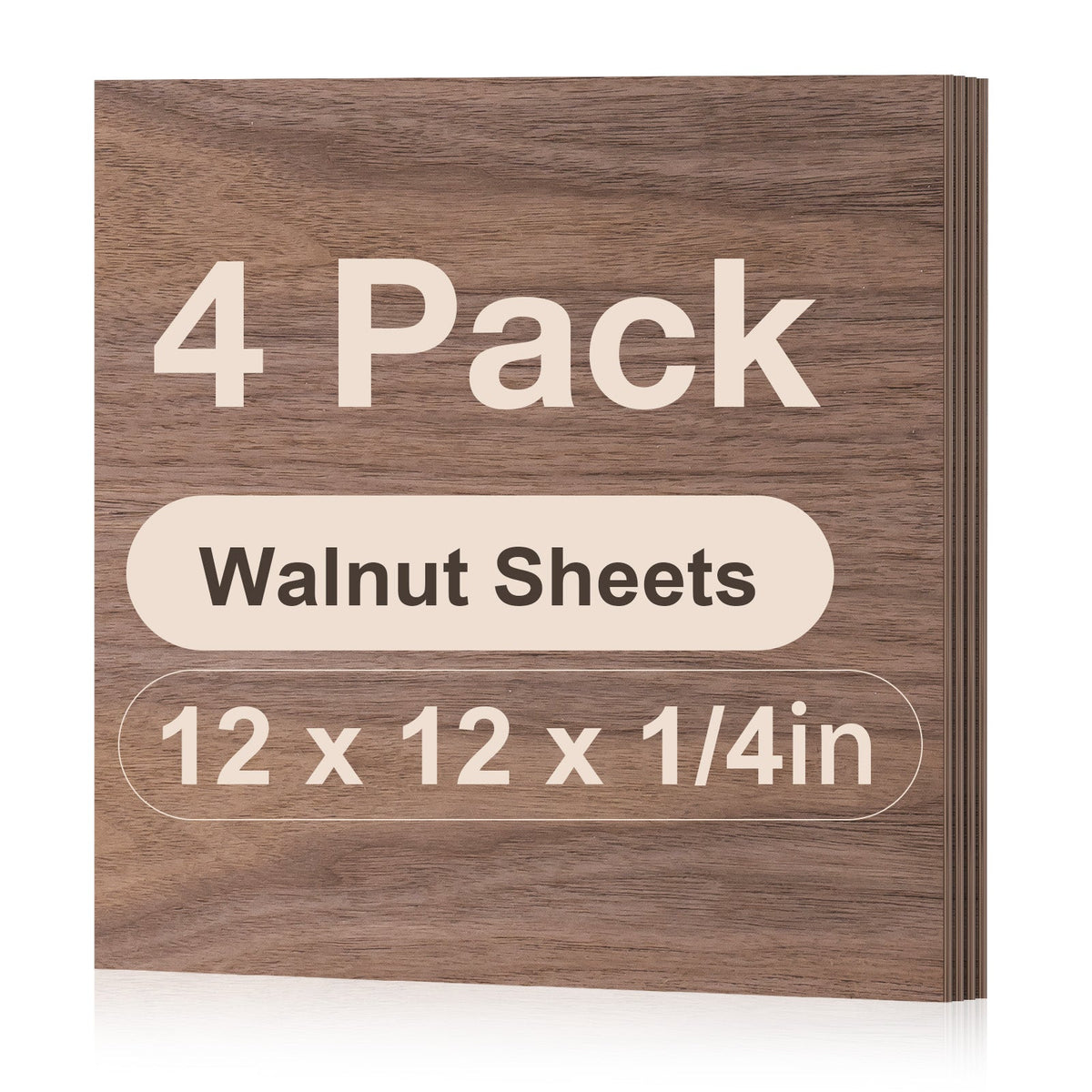 Robotime walnut plywood laser-cut sheets RW001 face-on pack shot showing 4 stacked 12x12x1/4 inch thick square walnut veneer sheets with warm rich grain visible.