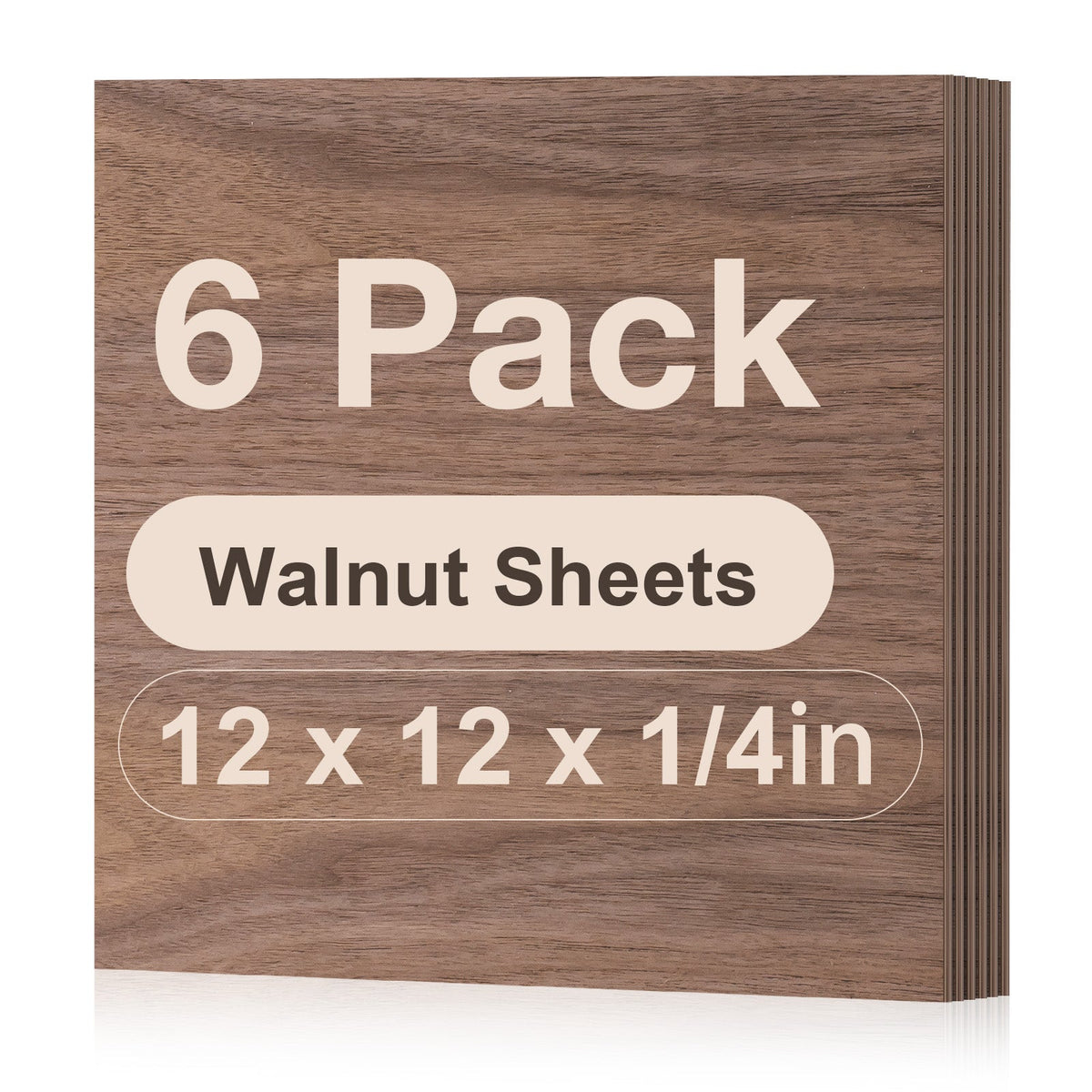 Robotime walnut plywood laser-cut sheets RW002 face-on pack shot showing 4 stacked 12x12x1/4 inch thick square walnut veneer sheets with strong dark grain texture.