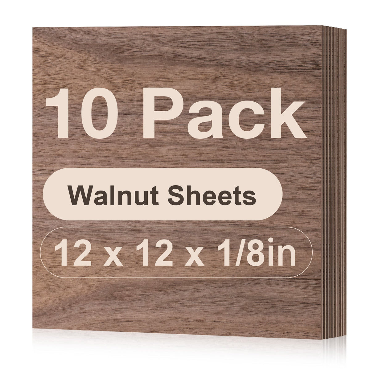 Robotime walnut plywood laser-cut sheets RW005 face-on pack shot showing 10 stacked 12x12x1/8 inch square walnut sheets with strong dark wood grain texture.