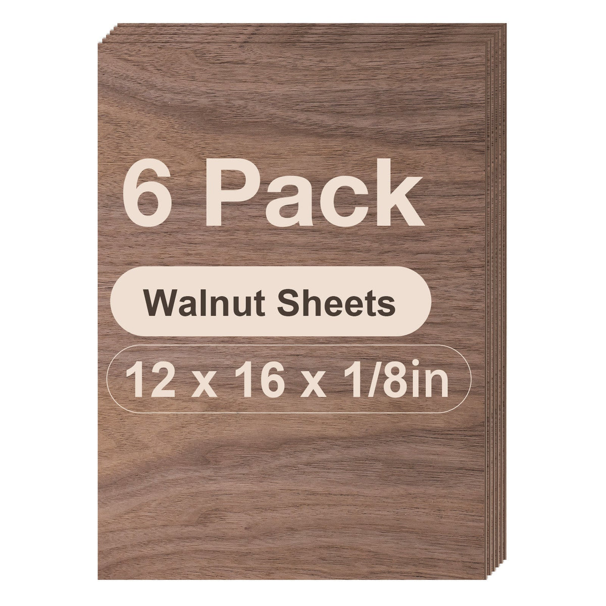 Robotime walnut plywood laser-cut sheets RW008 face-on pack shot showing 6 stacked 12x16x1/8 inch walnut veneer sheets with rich wood grain visible.