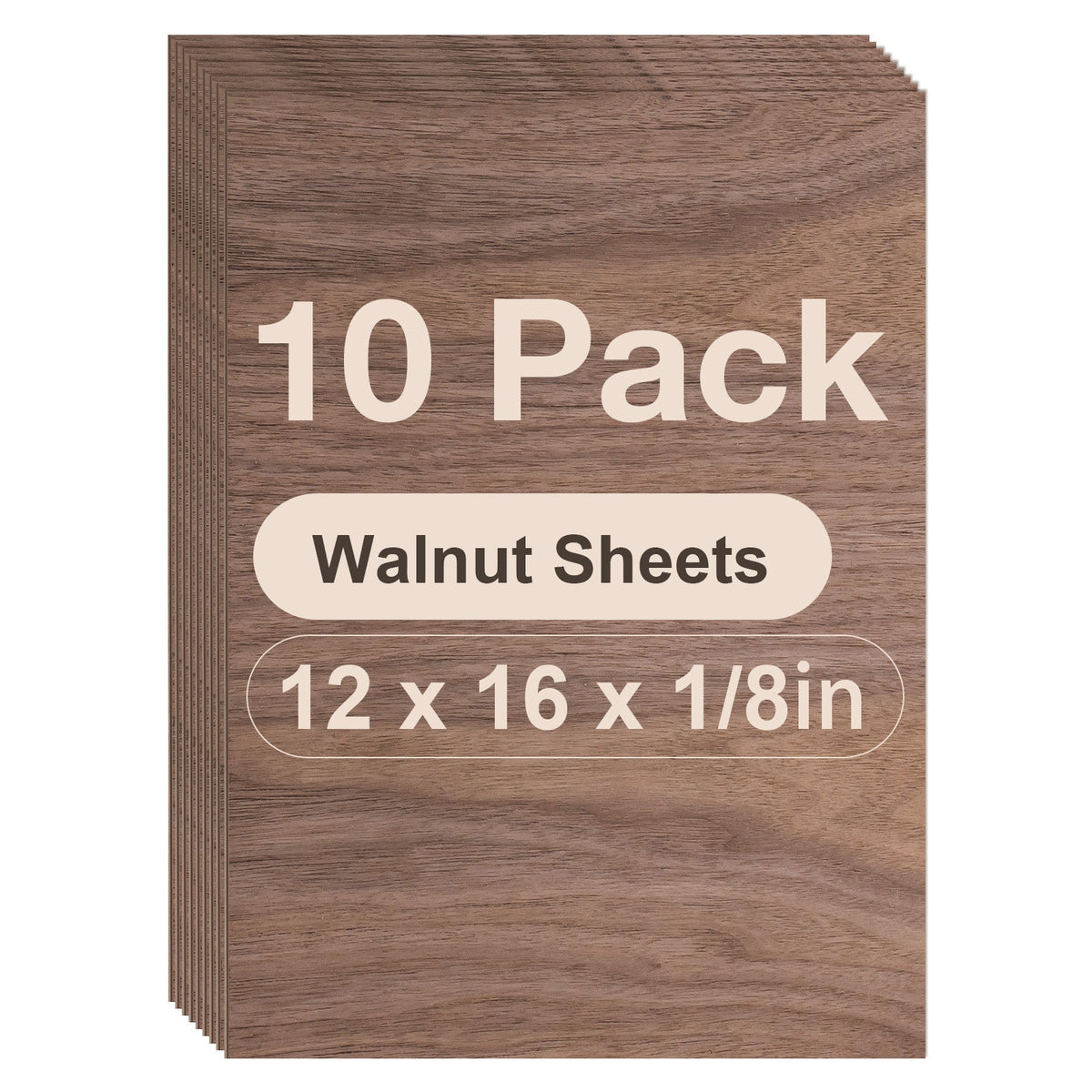 Robotime walnut plywood laser-cut sheets RW010 face-on pack shot showing 10 stacked 12x16x1/8 inch walnut sheets with rich dark wood grain texture visible.