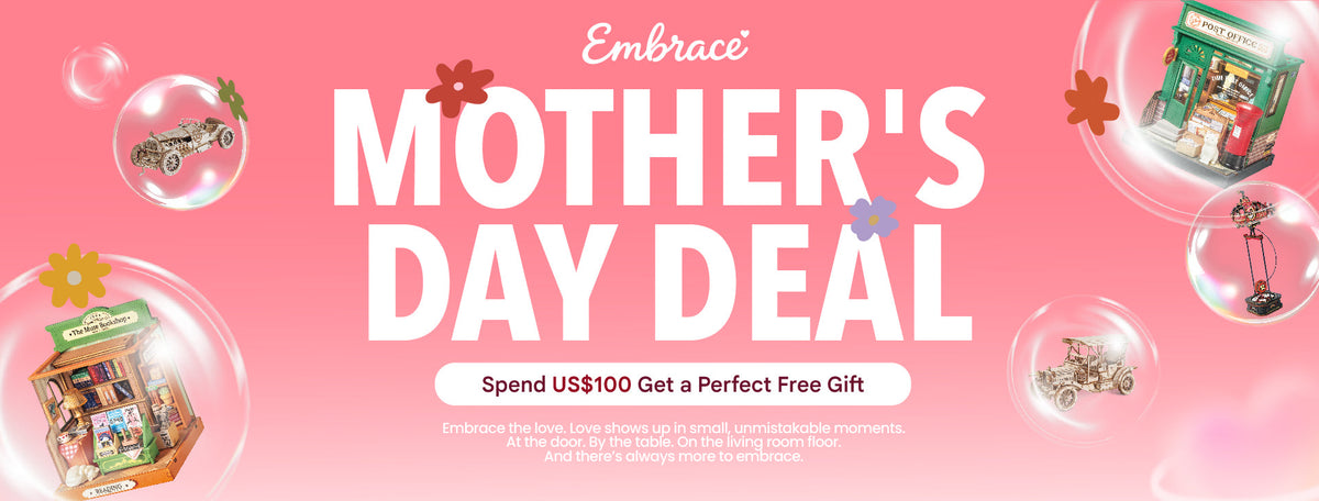 Robotime Embrace Mothers Day Deal wide banner with spend threshold free gift offer on pink background