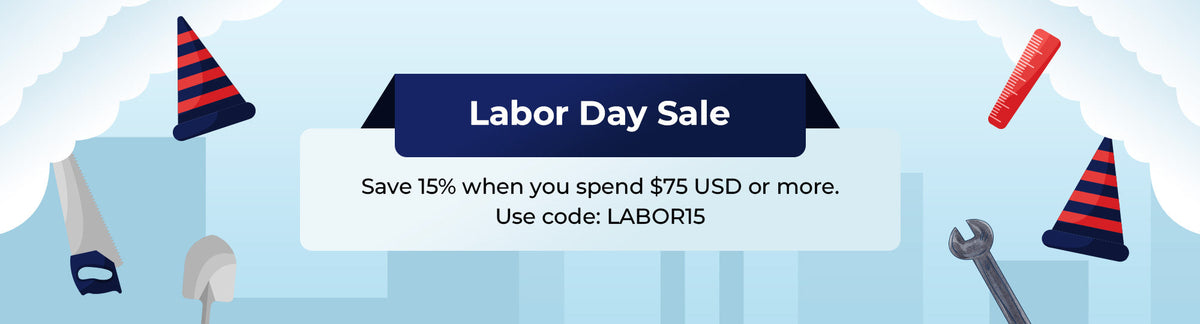 Robotime Labor Day Sale desktop banner offering 15% off on orders over 75 USD with code LABOR15, illustrated tools on light blue background.