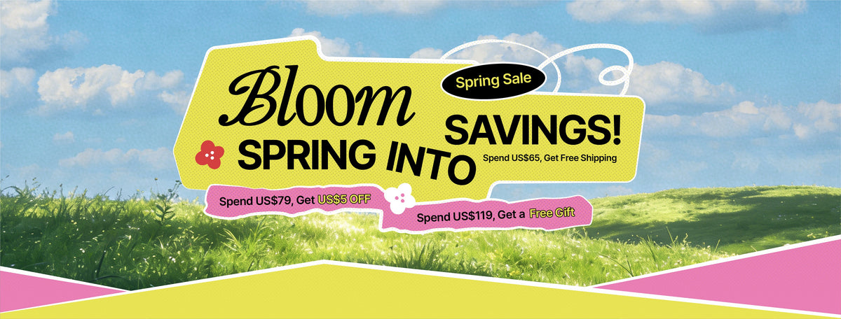 Robotime Spring Sale desktop banner featuring the Bloom Into Spring savings campaign on a sunny green meadow background.