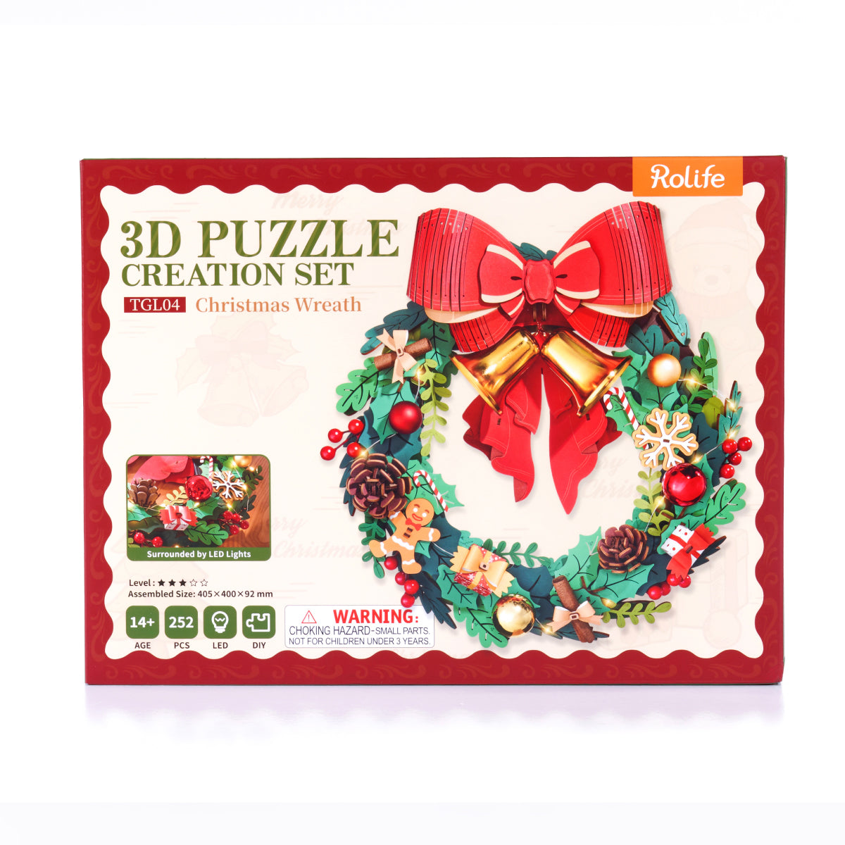 Rolife Christmas Wreath 3D Wooden Puzzle TGL04 3D wooden puzzle model, styled lifestyle scene with model assembled