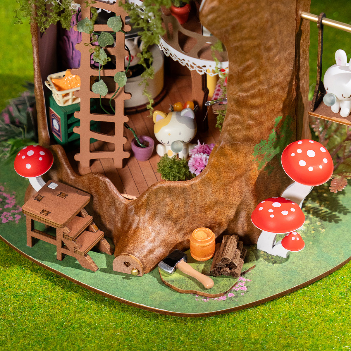 Rolife Fairytale Tree House DG179 miniature bedroom interior with a carved wooden bed, plaid pillow, treehouse diary, hanging bell, and red tiny boots on the floor