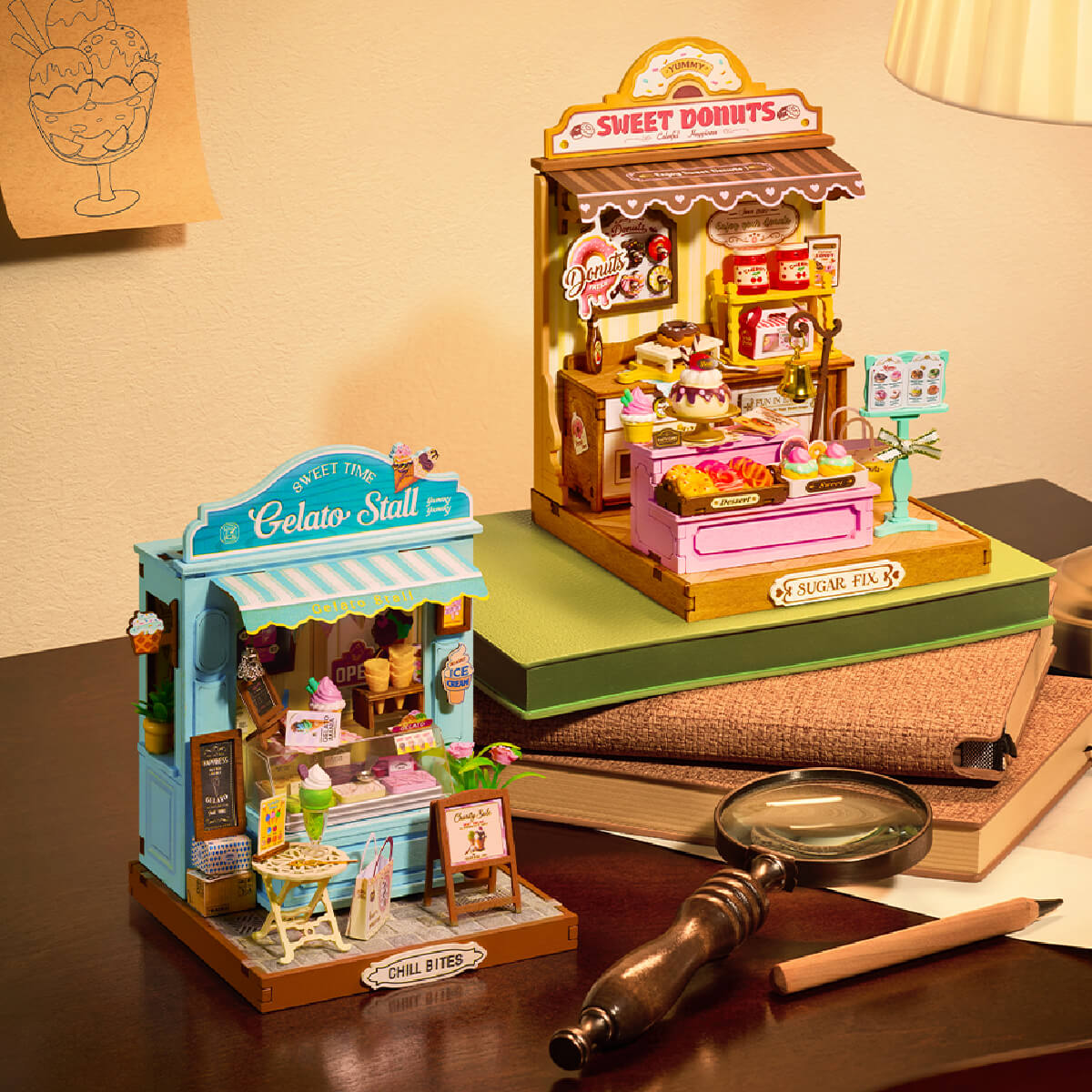 Rolife Gelato Stall Miniature House DS052 DIY miniature house kit, detail of decorative elements and finish