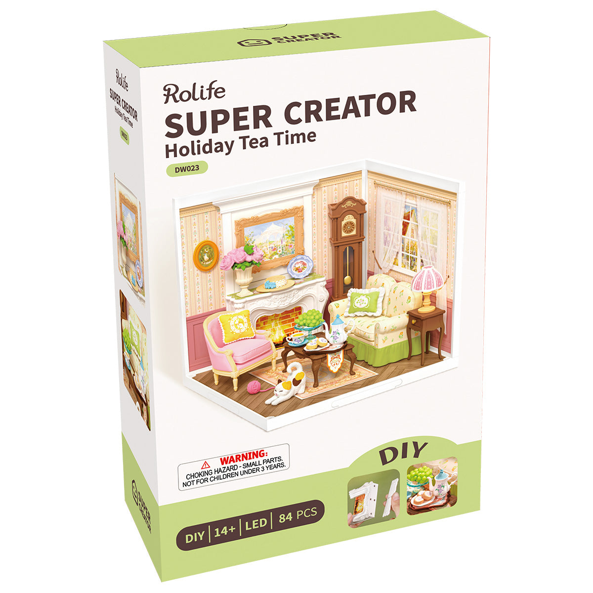 Rolife Super Creator Holiday Tea Time DW023 retail box showing the Victorian living room interior with fireplace, grandfather clock, and sofa