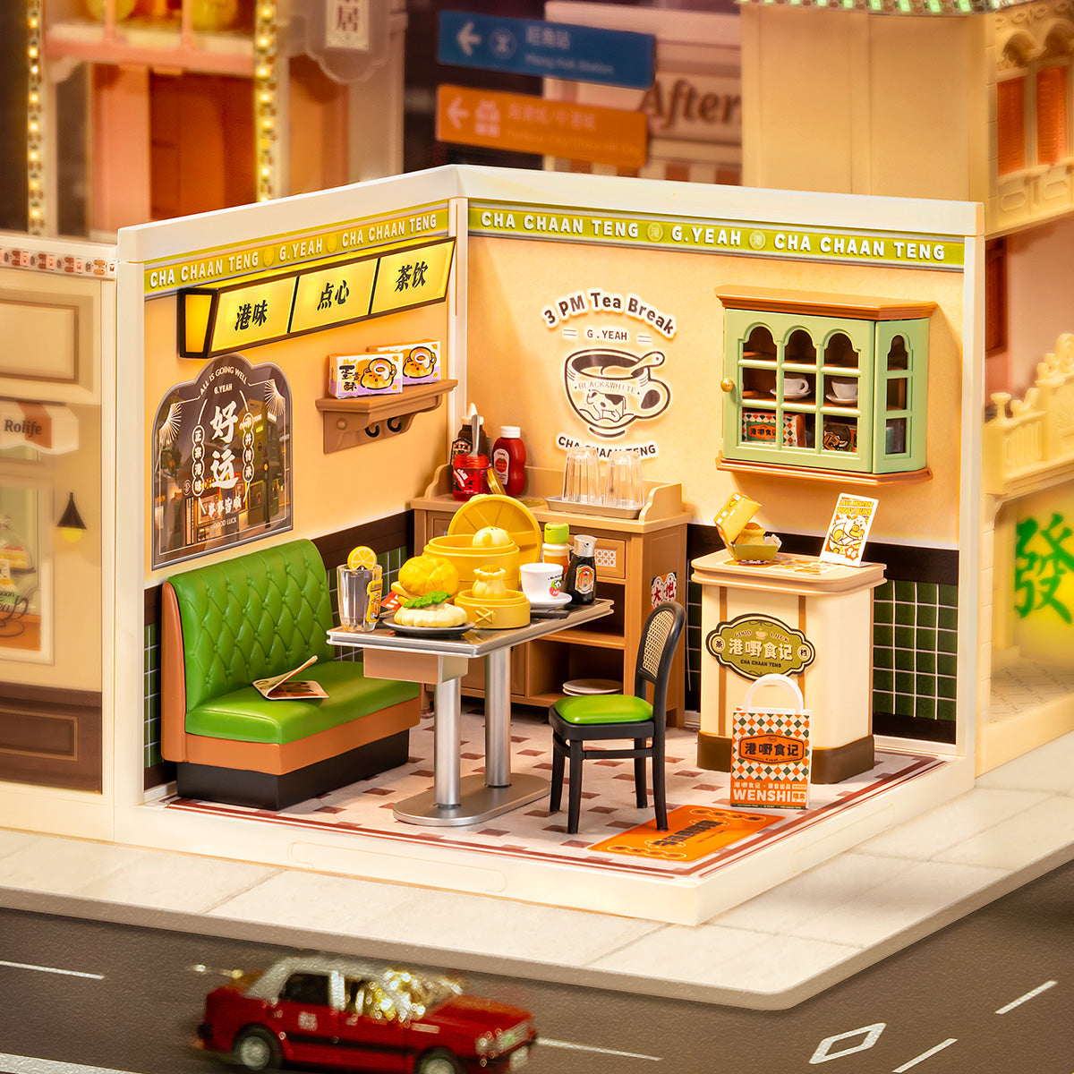 Rolife Super Creator Hong Kong Bites Cafe DW021 box packaging in sage green showing 114 PCS, LED lighting, DIY difficulty, and the completed room model preview