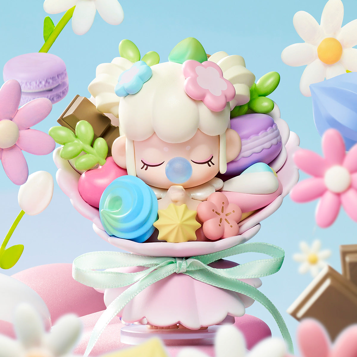 Single Rolife Nanci Sweet Time doll close-up showing the hidden Bouquet edition with white sheep-like hair filled with macarons, sweets, and wrapped in a ribbon bow