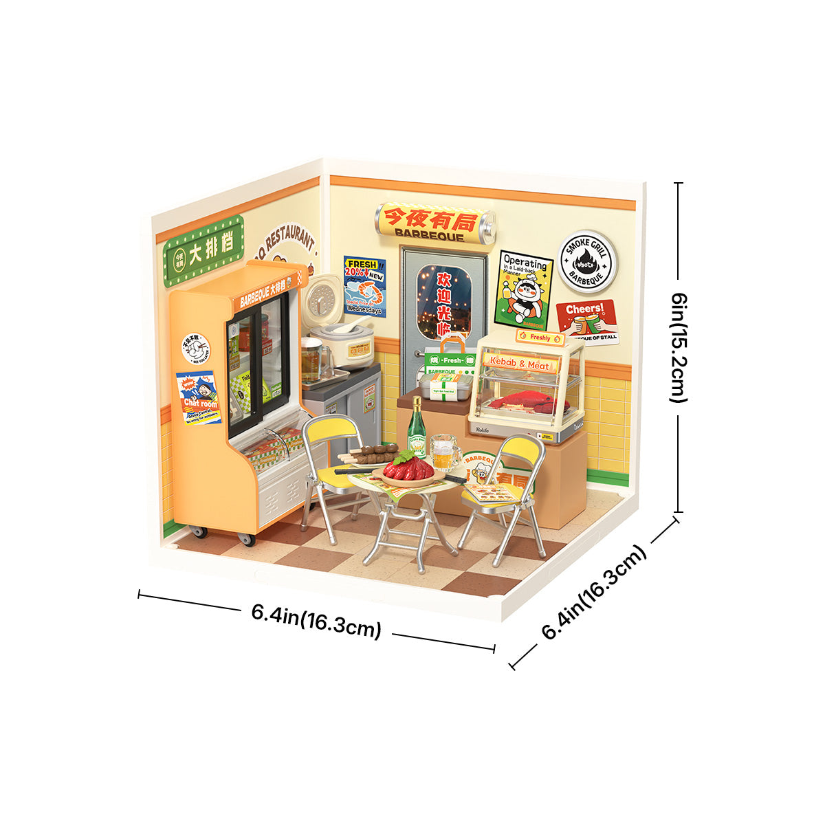 Rolife Night Out Food Stall DW022 Super Creator miniature house showing dimensions 6.4 by 6.4 by 6 inches with the BBQ restaurant interior and barbeque sign on white background