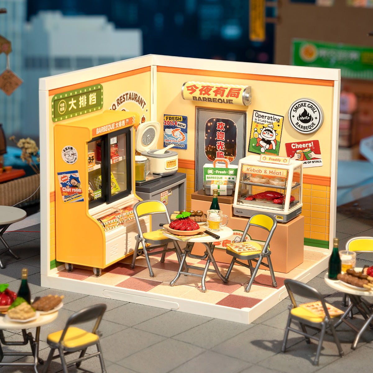 Rolife Super Creator Night Out Food Stall DW022 retail packaging box in tan and white with product preview showing the completed room scene, DIY, LED, and 120 PCS