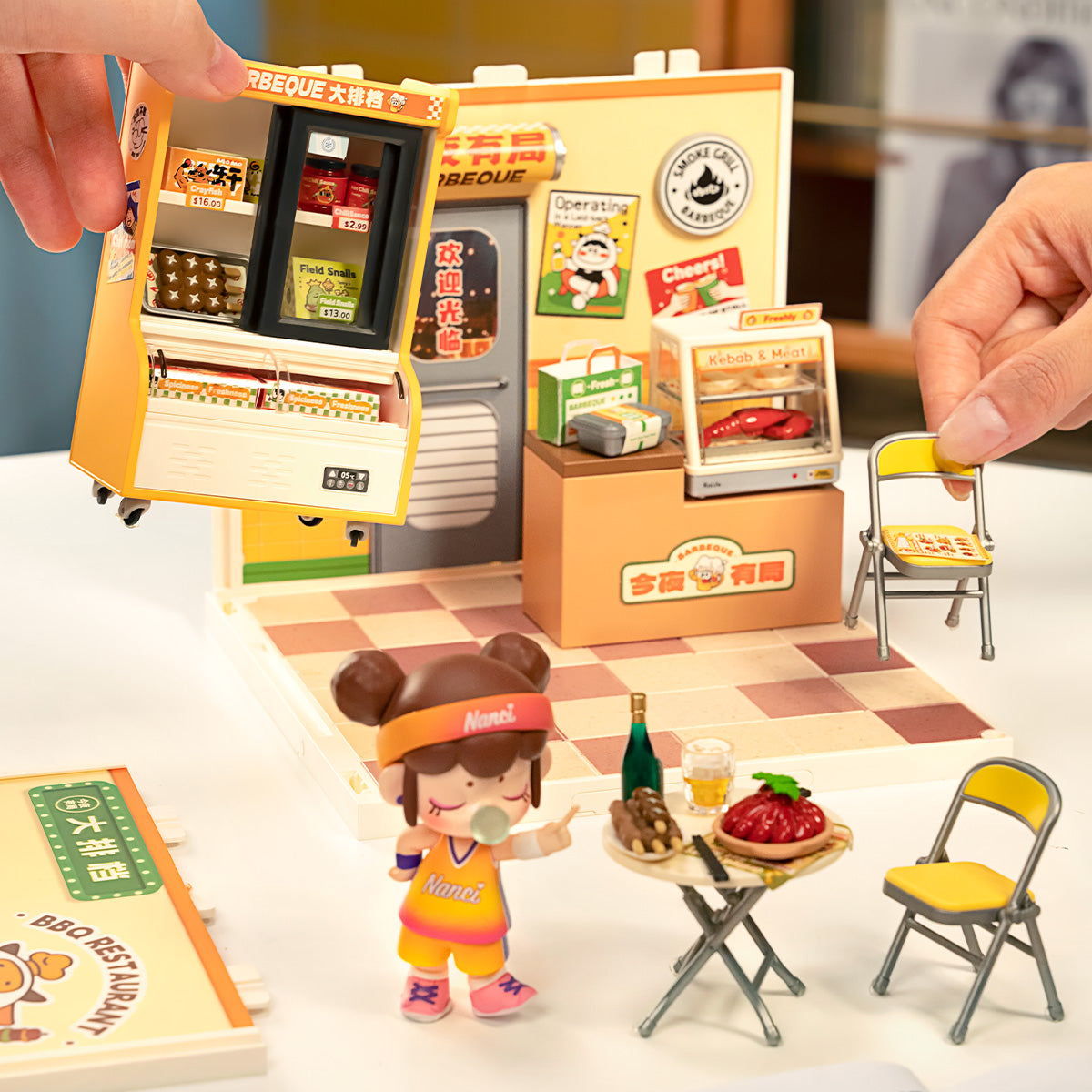 Rolife Night Out Food Stall DW022 and Panda Hot Pot DW020 miniature houses stacked two floors high with Nanci and Suri dolls placed around them on a warm background