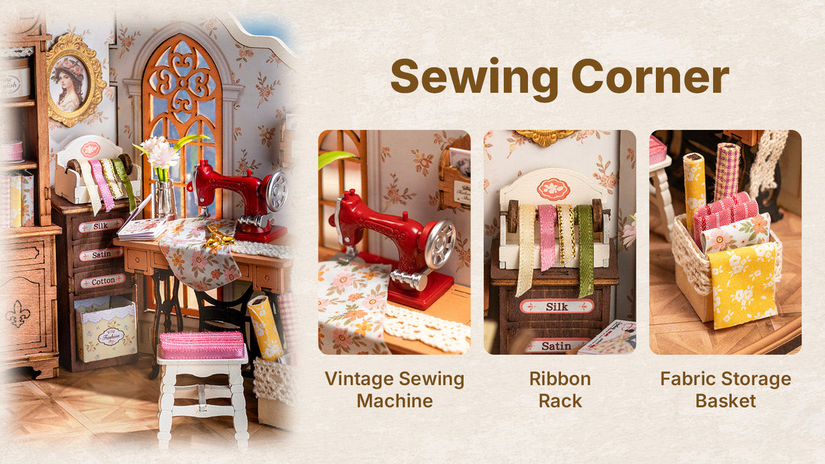 Rolife Elsa's Tailoring DG178 sewing corner detail image showing vintage red sewing machine, ribbon rack and fabric storage basket with labels