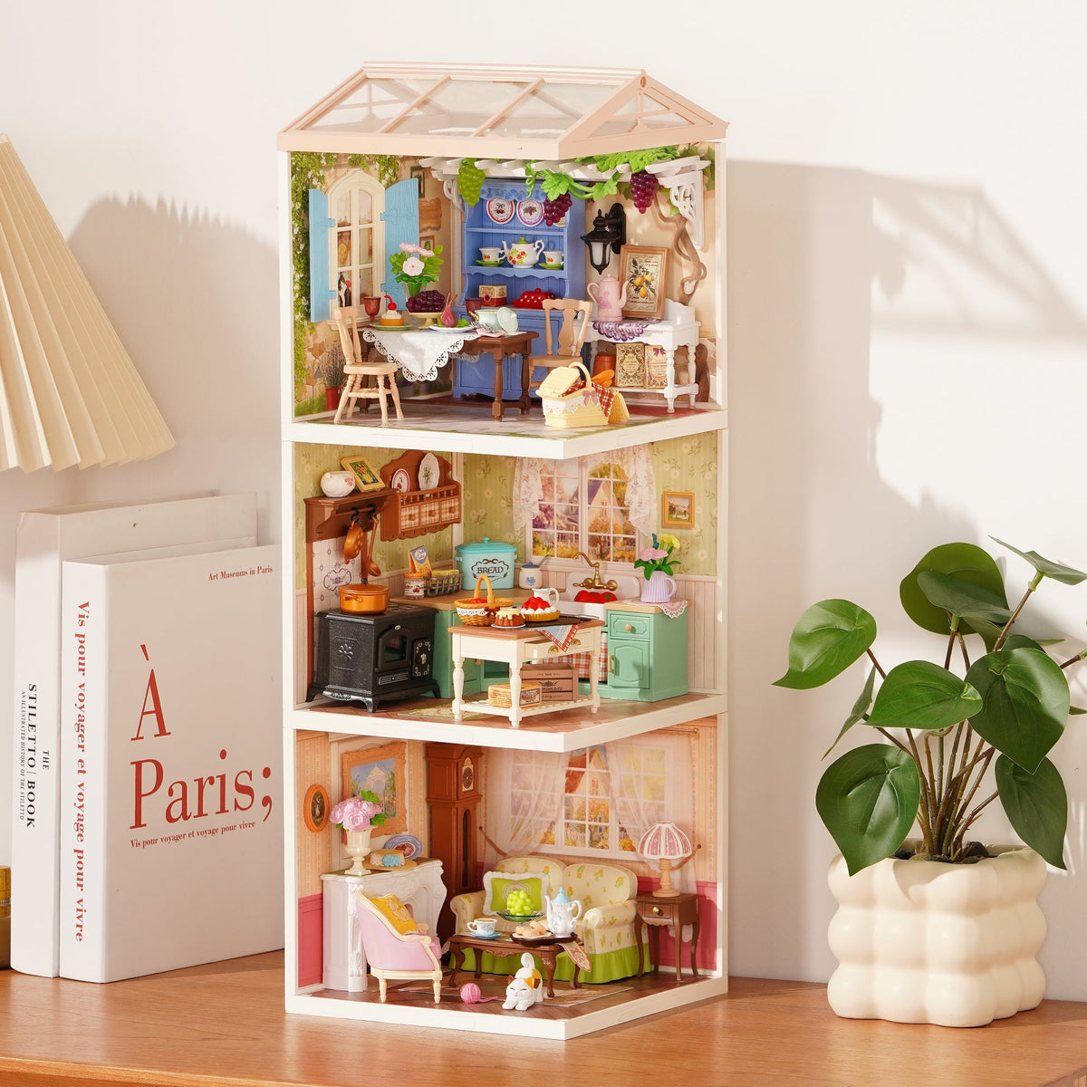 Rolife Romantic Countryside Super Creator 3-in-1 side angle view showing greenhouse and dining room modules stacked together