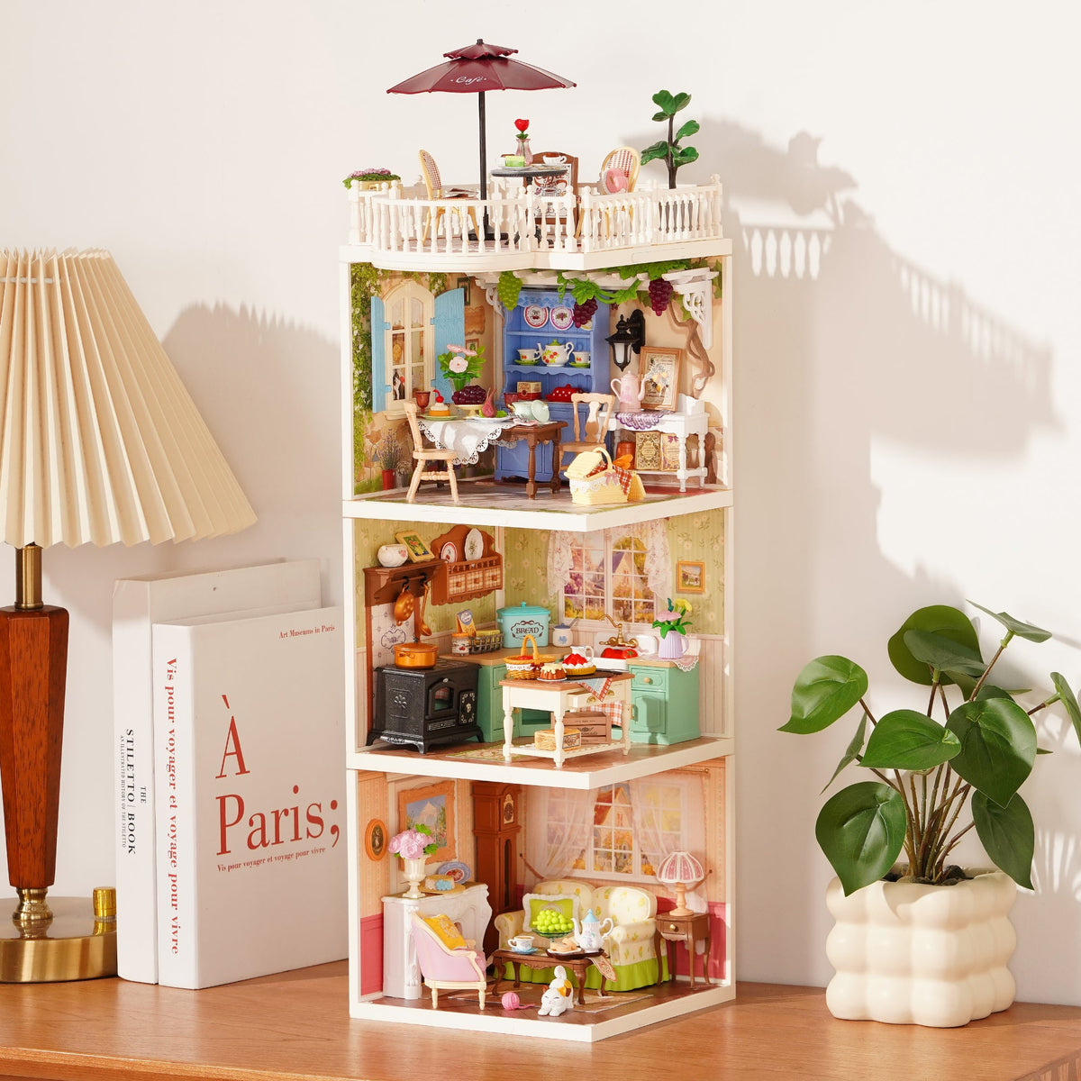 Rolife Romantic Countryside Super Creator 3-in-1 I-shape stacked configuration showing four rooms of countryside lifestyle scenes
