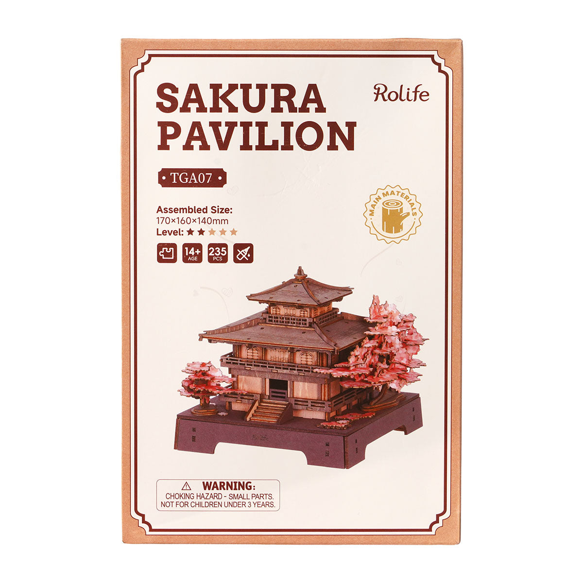 Rolife Sakura Pavilion wooden puzzle retail box showing front cover art with red pagoda and cherry blossom trees