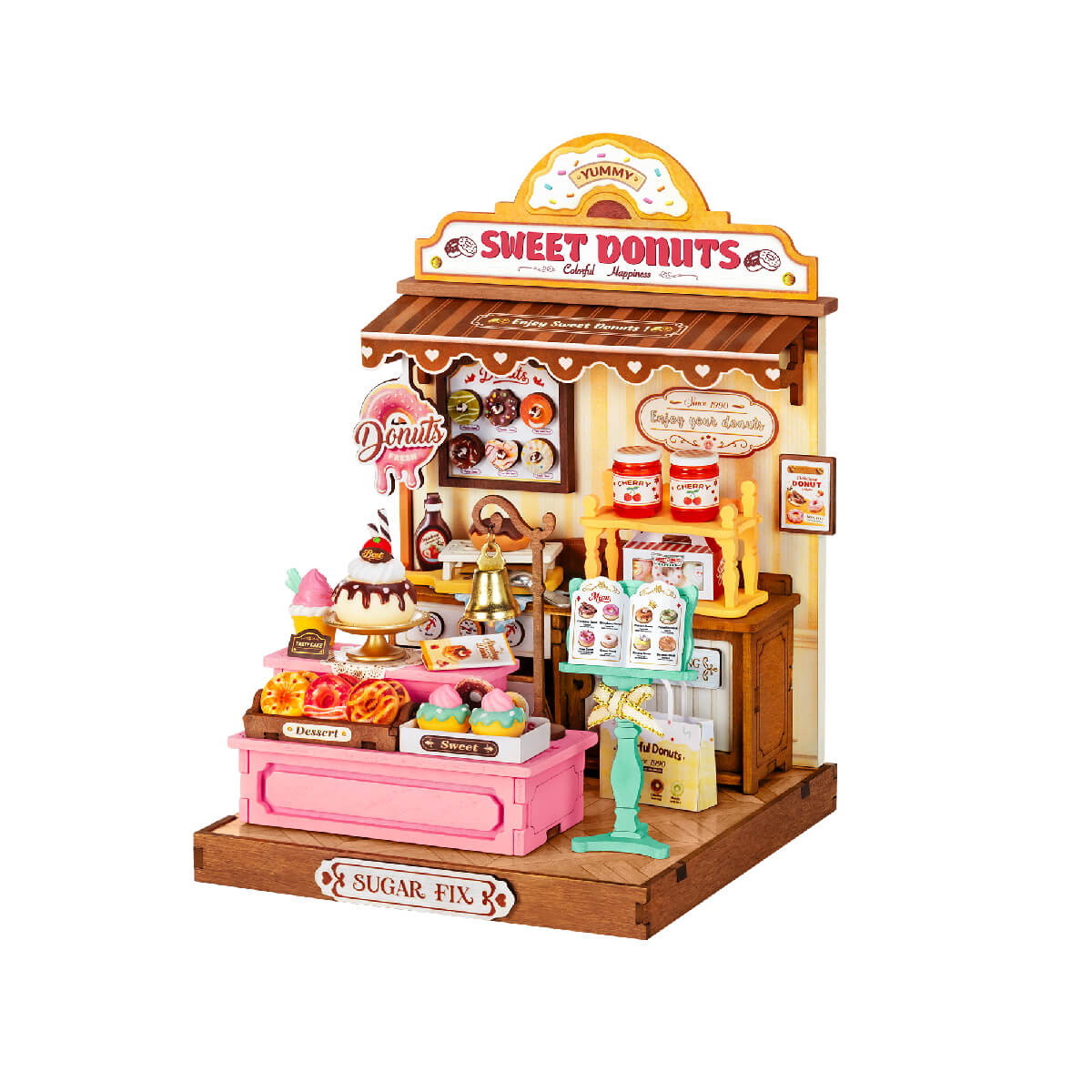 Rolife Sweetie's Donut Shop Miniature House DS051 DIY miniature house kit, product front view on neutral background