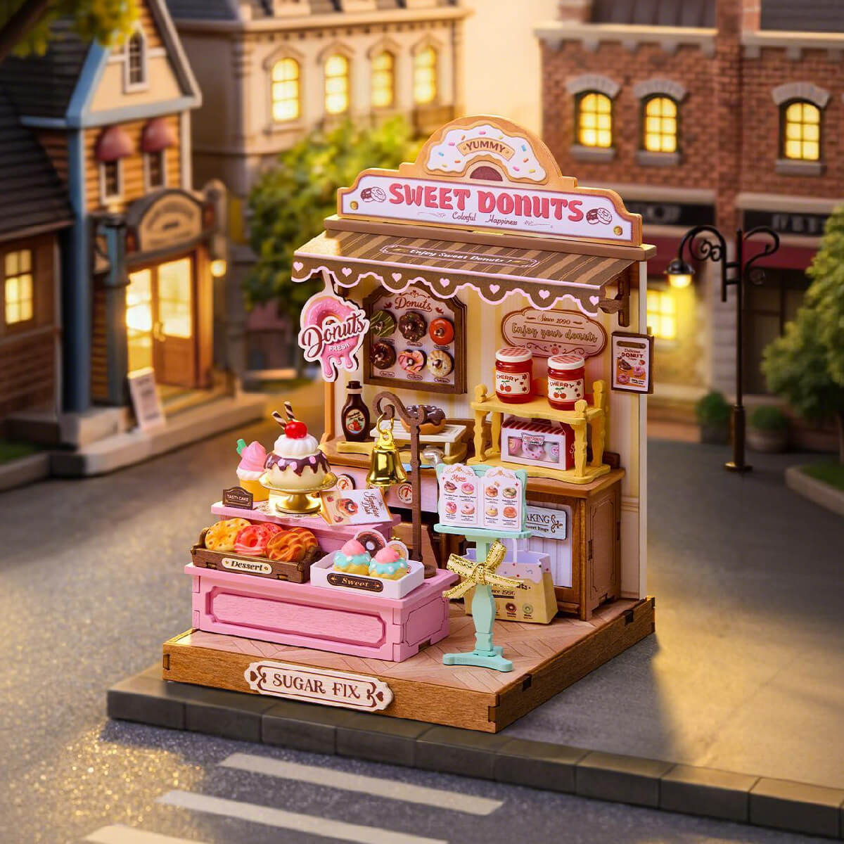 Rolife Sweetie's Donut Shop Miniature House DS051 DIY miniature house kit, angled view showing detail and craftsmanship