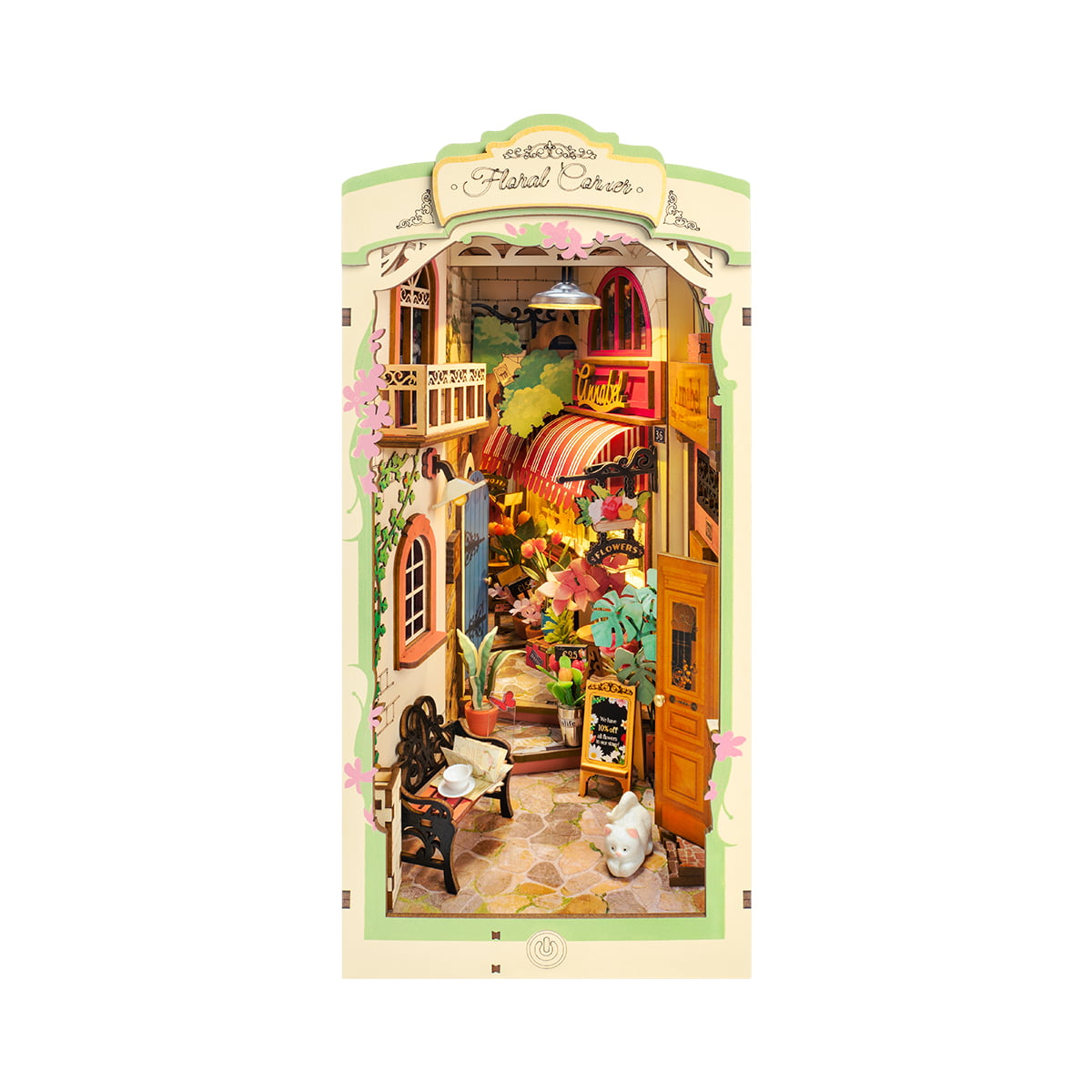 Rolife Floral Corner TGB09 Book Nook Wonderland front view showing complete illuminated flower shop scene with balcony bench and white cat