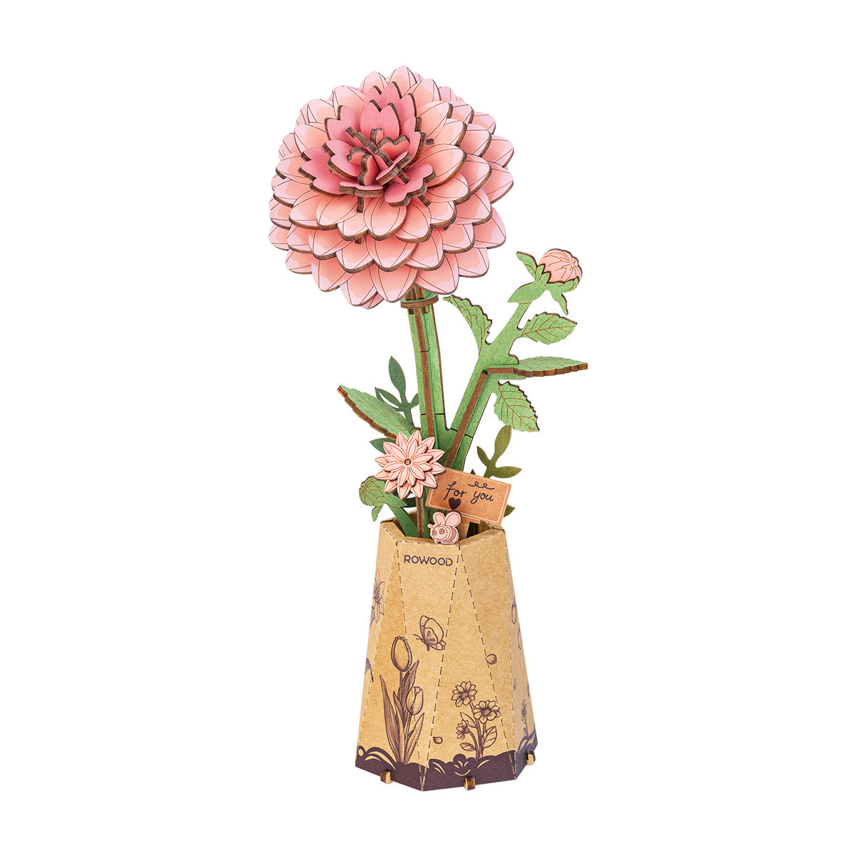 Rowood Pink Dahlia Wooden Flower 3D Puzzle TW131 3D wooden flower puzzle, product front view on neutral background