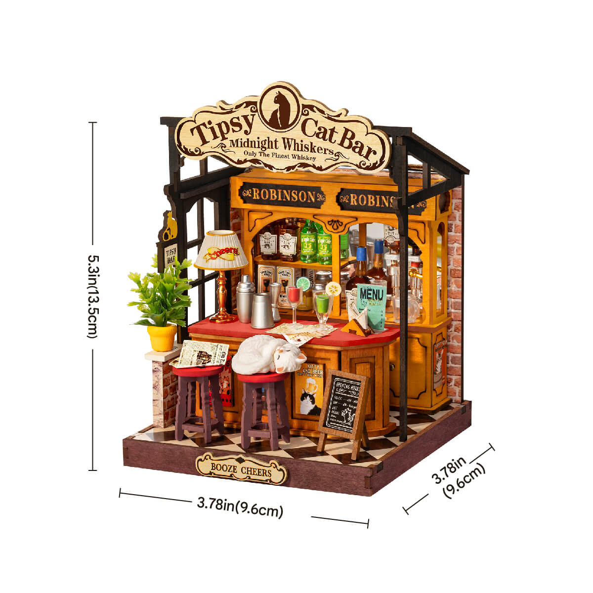 Rolife Tipsy Cat Bar Miniature House DS054 DIY miniature house kit, styled lifestyle scene with model assembled