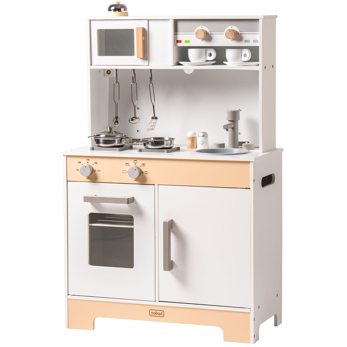ROBUD WCF06 play kitchen front view with white finish, open shelf hutch and natural wood accents.