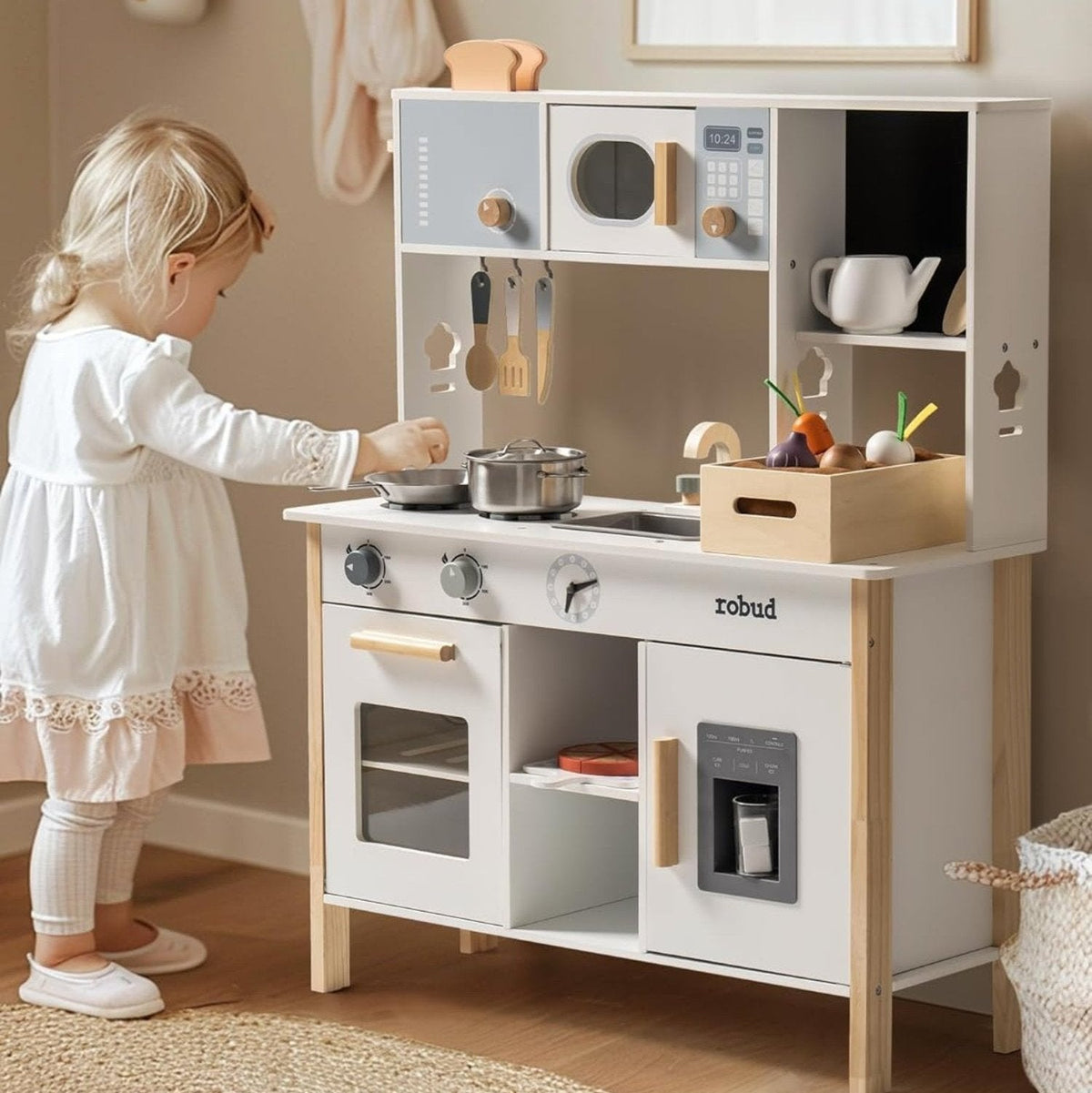 Robud white and natural wood play kitchen with fridge, oven, sink and microwave for toddlers