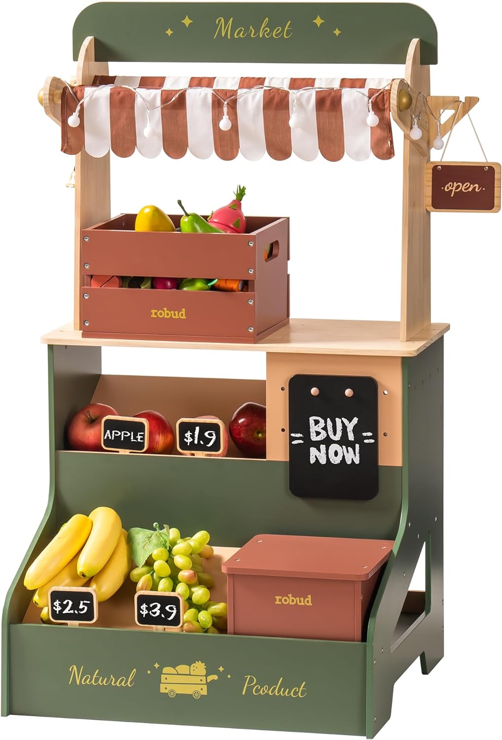 Robud pretend supermarket stand full front view with green shelving, chalkboard sign and fruit crates