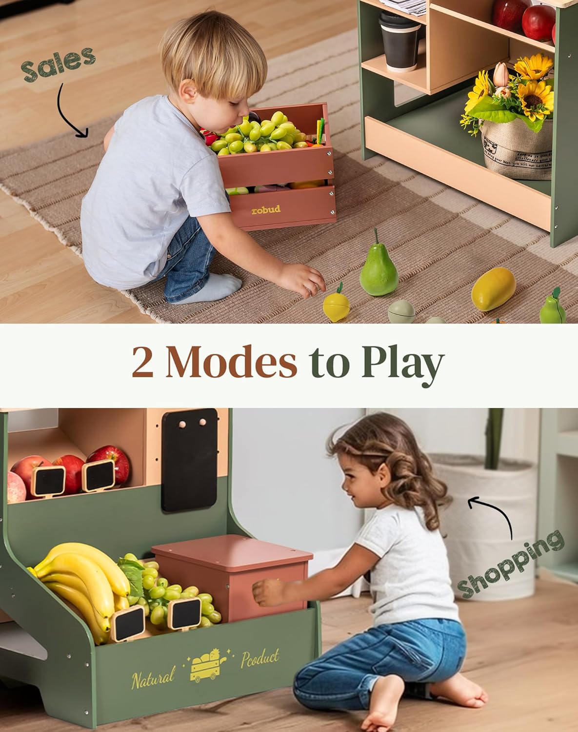 Robud wooden grocery market stand showing two play modes: sales counter and shopping cart side